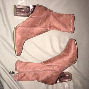 Pink suede high heeled boots